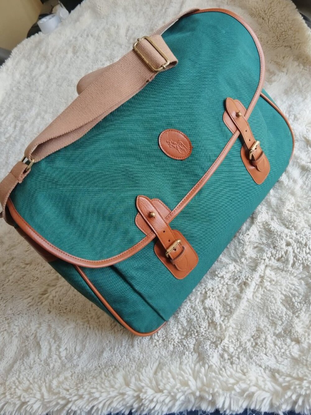 Polo Ralph Lauren Green Canvas Leather Trim Messenger Crossbody Shoulder Bag